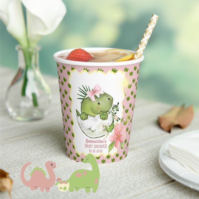 Gobelets en papier pour Baby Shower Fille avec Din (Cute Hatching Dino Girl Baby Shower Paper Cups)