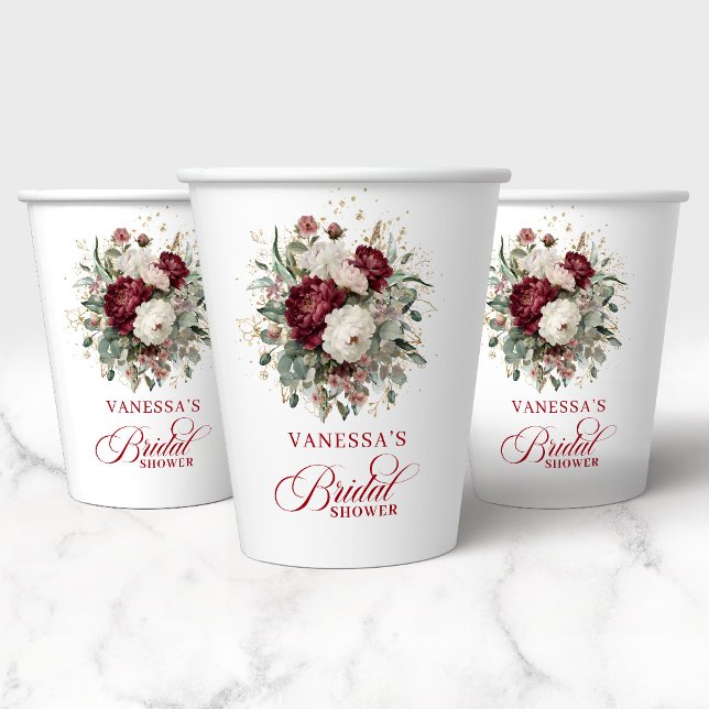 Gobelets en papier pour douche de mariée à fleurs  (Graceful Burgundy Floral Bridal Shower Paper Cups)