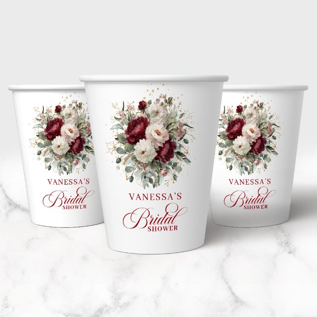 Gobelets en papier pour douche de mariée à fleurs  (Chic Maroon Floral Bridal Shower Paper Cups)