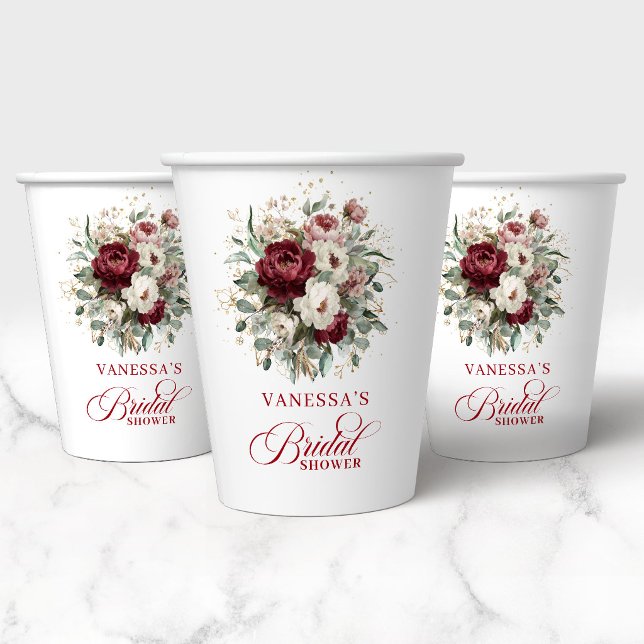 Gobelets en papier pour douche de mariée floraux b (Trendy Burgundy Floral Bridal Shower Paper Cups)
