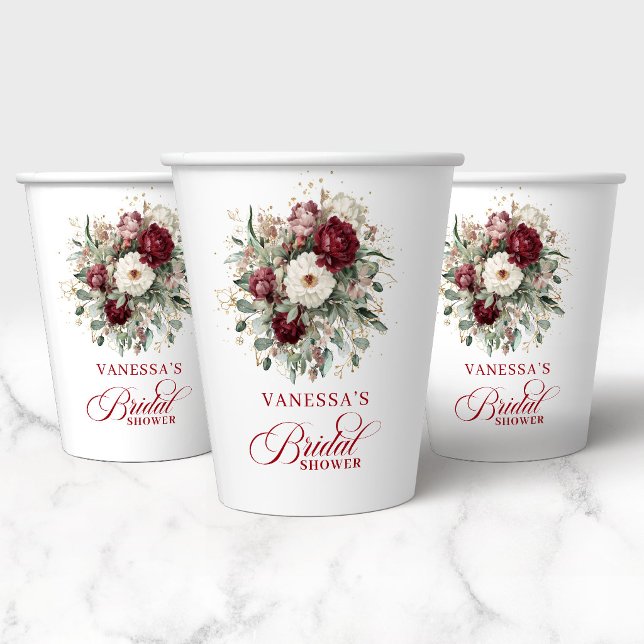 Gobelets en papier pour douche de mariée floraux c (Soft Burgundy Floral Bridal Shower Paper Cups)