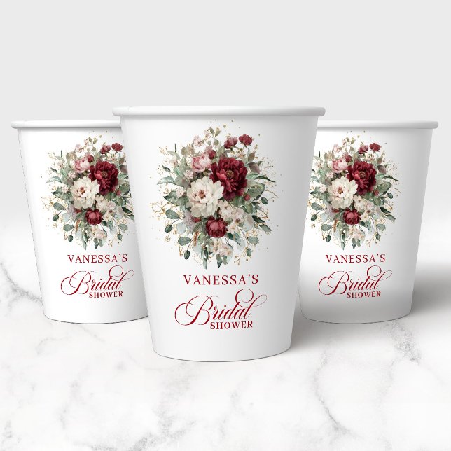 Gobelets en papier pour douche de mariée floraux d (Artistic Burgundy Floral Bridal Shower Paper Cups)