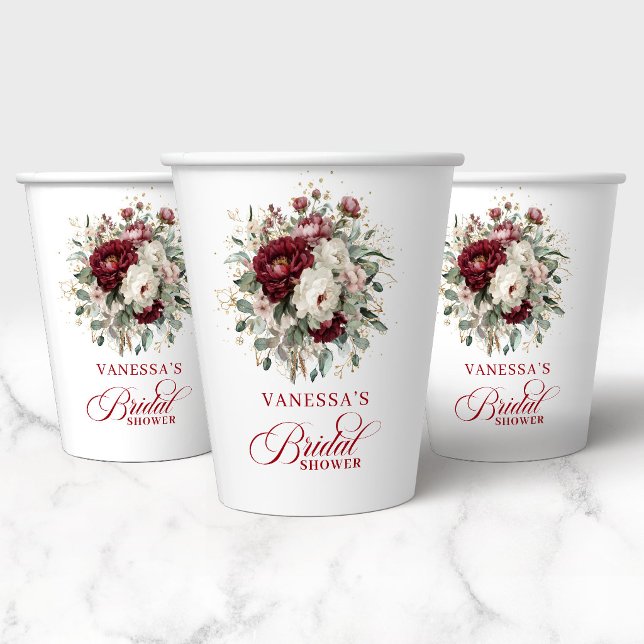 Gobelets en papier pour douche de mariée floraux d (Luxury Burgundy Floral Bridal Shower Paper Cups)