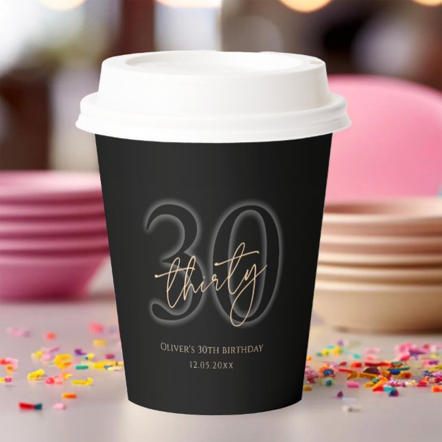 Gobelets en papier pour fête d'anniversaire 30 ans (Modern Black Gold 30th Birthday Party Paper Cups)