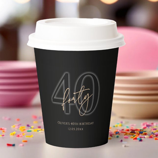 Gobelets en papier pour fête d'anniversaire 40 ans (Modern Black Gold 40th Birthday Party Paper Cups)