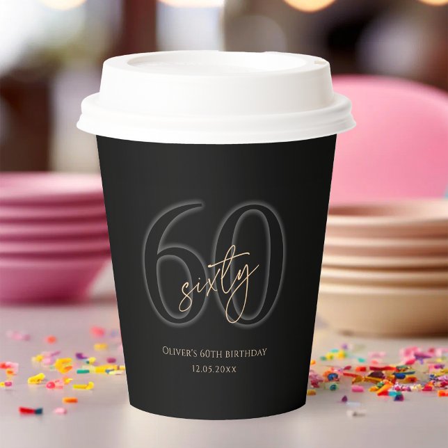 Gobelets en papier pour fête d'anniversaire des 60 (Modern Black Gold 60th Birthday Party Paper Cups)