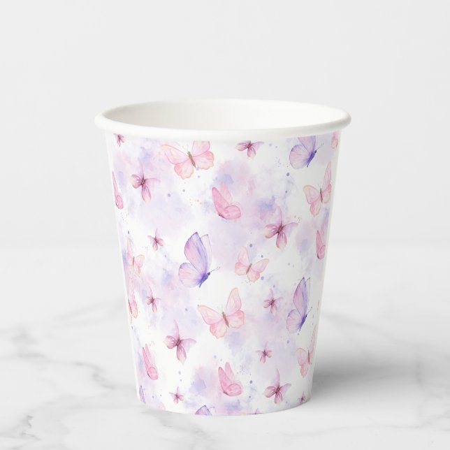 Gobelets en papier pour fête papillon violet et ro (Recto)