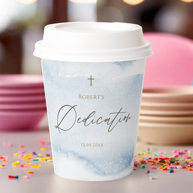 Gobelets en papier pour la dédicace de bébé garçon (Dusty Blue Watercolor Baby Boy Dedication Paper Cups)