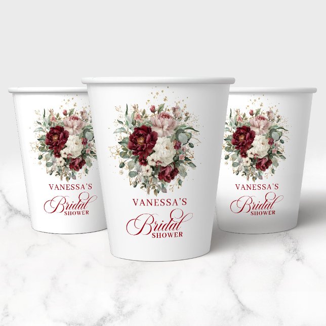 Gobelets en papier pour la douche de la mariée Chi (Chic Marsala Floral Gold Bridal Shower Paper Cups)