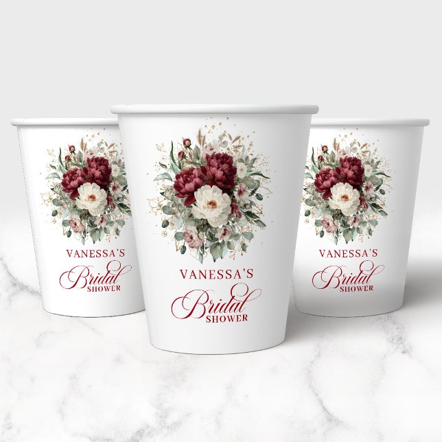 Gobelets en papier pour la fête prénuptiale Glam M (Glam Marsala Floral Gold Bridal Shower Paper Cups)