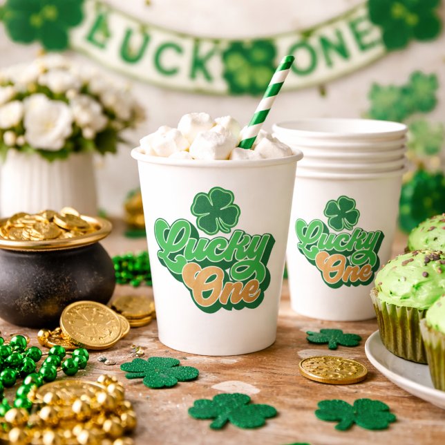 Gobelets en papier pour le premier anniversaire de (Gold and Green Lucky One First Birthday Paper Cups)