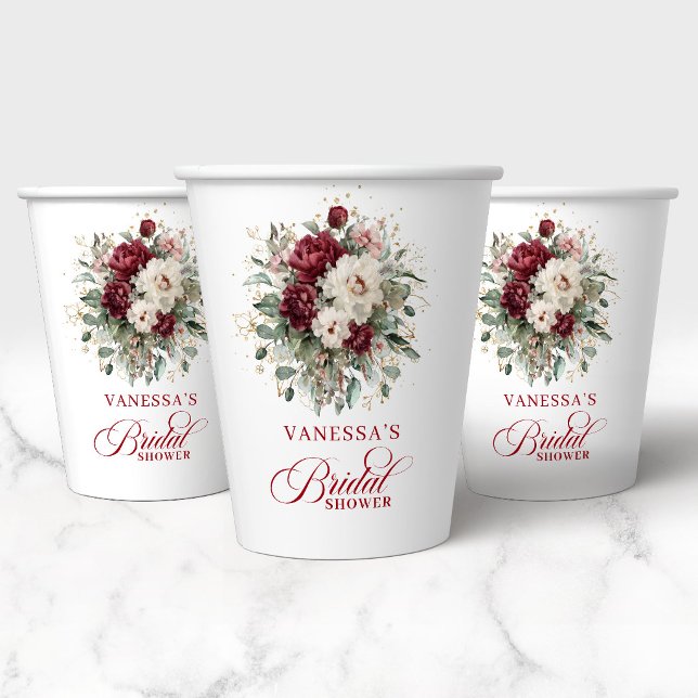 Gobelets en papier pour une fête prénuptiale flora (Romantic Burgundy Floral Bridal Shower Paper Cups)