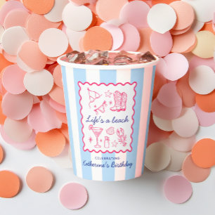 Gobelets En Papier Préférés d'été rose rayures bleues Anniversaire 