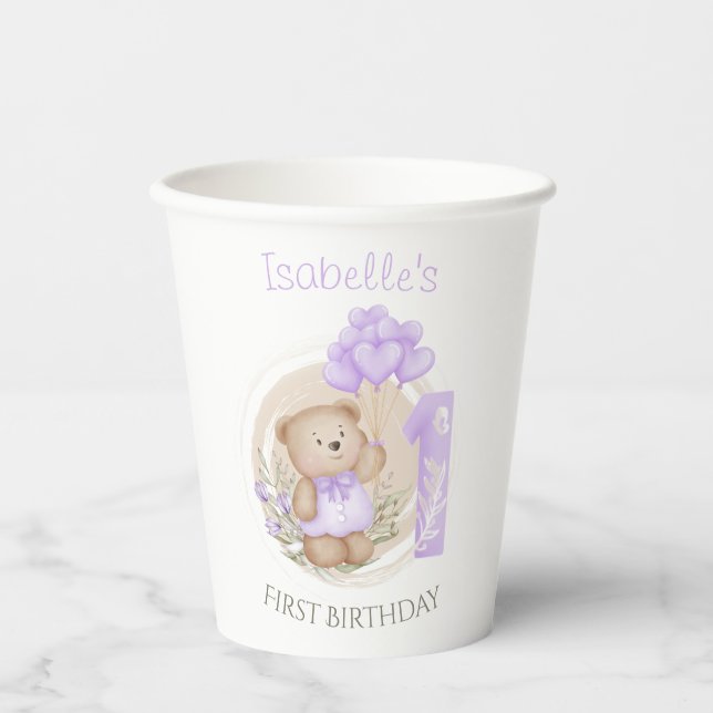Gobelets En Papier Premier Anniversaire Mignonne Teddy Bear Ballons C (Recto)