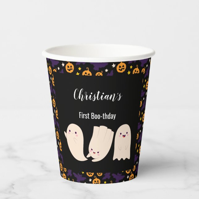 Gobelets En Papier Premier Boo-thday Halloween Ghost 1er anniversaire (Recto)