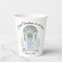 Premier Noël dans notre maison porte bleue aquarel
