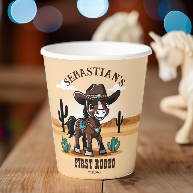 Gobelets En Papier Premier Rodeo mignon cheval cowboy fête d'annivers (First Rodeo cute cowboy horse birthday party Paper Cups personalized rodeo party tableware)