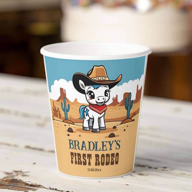 Gobelets En Papier Premier Rodeo mignon cowboy cheval d'anniversaire (First Rodeo cute cowboy baby horse birthday party Paper Cups personalized western rodeo tableware)