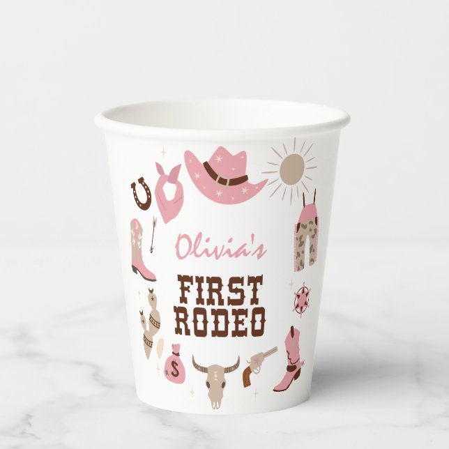 Gobelets En Papier Premier Rodéo Rose Western Cowboy 1er Anniversaire (Recto)
