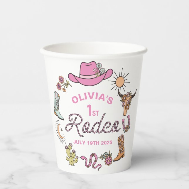 Gobelets En Papier Premier Rodéo Rose Western Cowboy 1er Anniversaire (Recto)