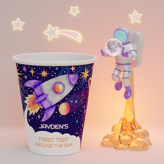Gobelets En Papier Premier voyage autour de l'espace astronaute Sun R (First Trip Around the Sun Rocket Astronaut Space Paper Cups)