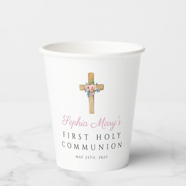 Gobelets En Papier Première communion croix florale moderne  (Recto)