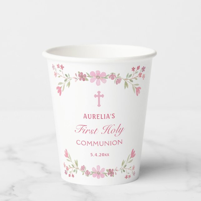 Gobelets En Papier Première communion de fleurs roses (Recto)