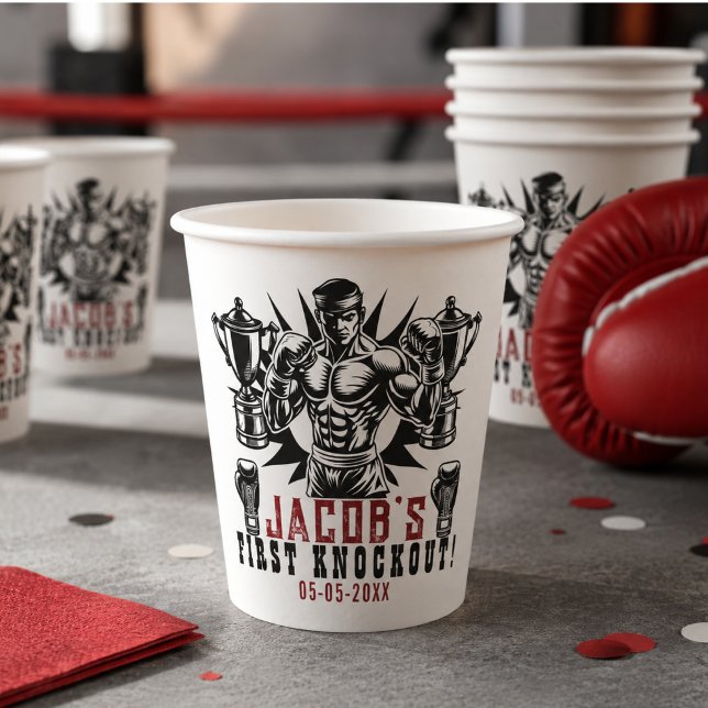 Gobelets En Papier Première Fête d'Anniversaire de Boxe Knockout (First Knockout Boxing Birthday Party Paper Cups)