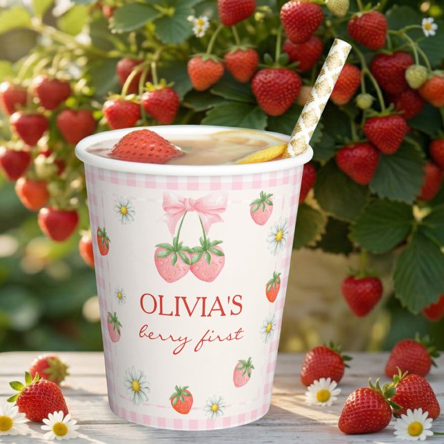 Gobelets En Papier Première fraise rose de Berry Premier anniversaire (Berry 1st Birthday Strawberry Paper Cup)