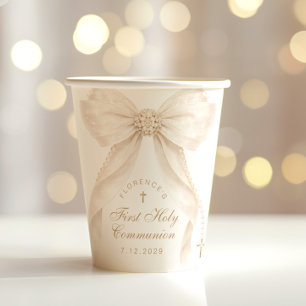 Gobelets En Papier Première Sainte Communion Croix Dorée Nœud en Ivoi
