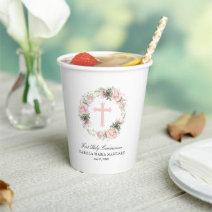Gobelets En Papier Première Sainte Communion Rose Rose Rose Rose Croi