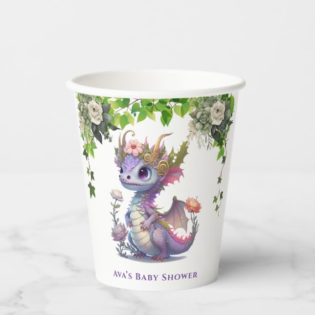 Gobelets En Papier Princesse Dragon avec Florals Girl Baby shower (Recto)