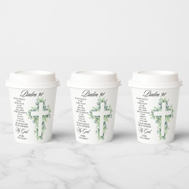 Gobelets En Papier Psalm 91:1-2 Religious Cross Greenery Bible Verse (Multi)