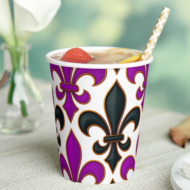 Gobelets En Papier Purple Black Baroque Fleur-de-lis Pattern Design  (Créateur téléchargé)