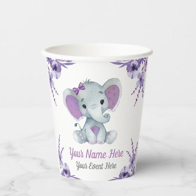 Gobelets En Papier Purple Elephant Girl Papier Coupes Douche Annivers (Recto)