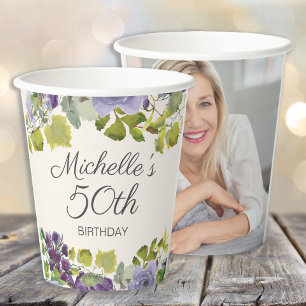 Gobelets En Papier Purple Floral Green Feuilles 50e anniversaire Phot