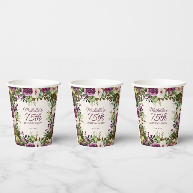 Gobelets En Papier Purple Floral Green Feuilles 75e anniversaire (Multi)