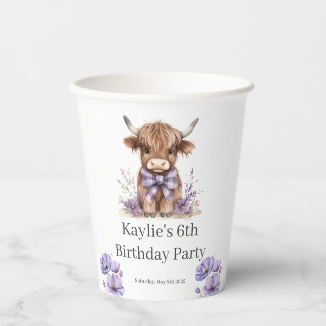 Gobelets En Papier Purple Highland Cow fête d'anniversaire (Recto)