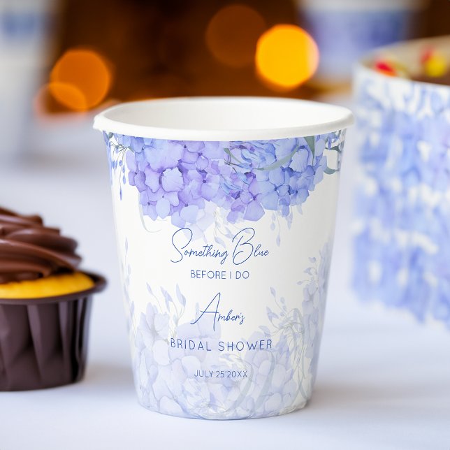 Gobelets En Papier Quelque chose bleu hydrangée douche nuptiale impri (Something blue hydrangea bridal shower personalized printed paper cups bridal shower decor)