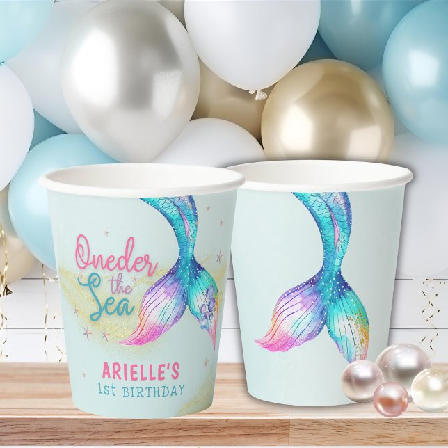 Gobelets En Papier Queue de sirène Onder la mer 1er anniversaire (Créateur téléchargé)