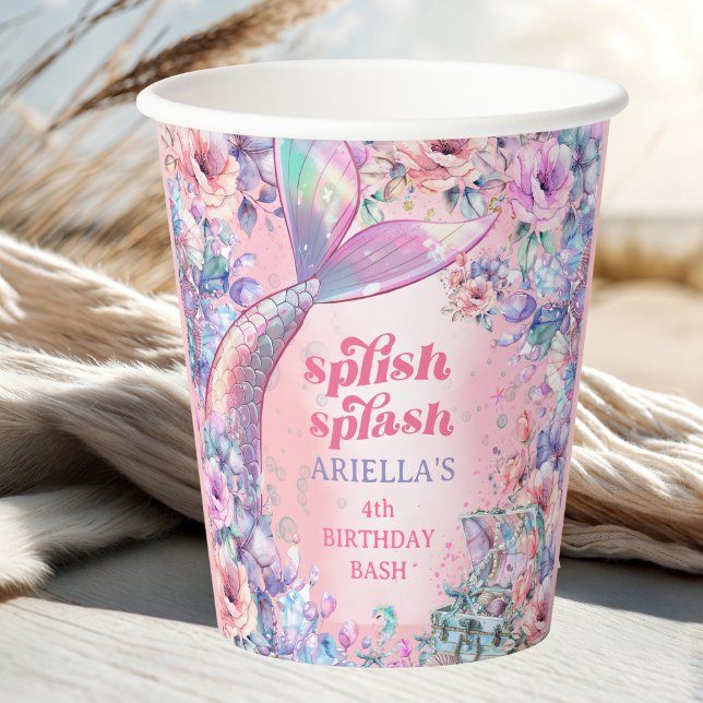 Gobelets En Papier Queue de sirène pailletée de fleurs 4e anniversair (Créateur téléchargé)