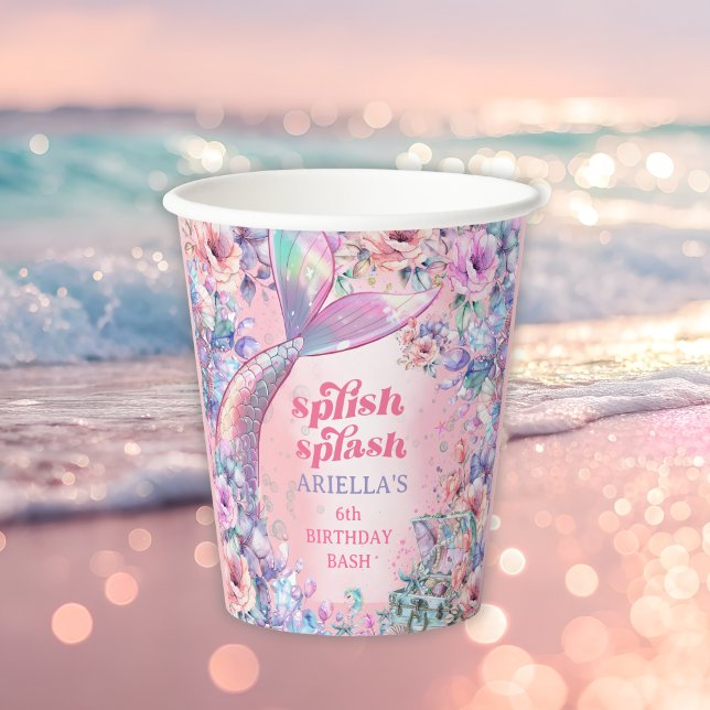 Gobelets En Papier Queue de sirène pailletée de fleurs 6e anniversair (Créateur téléchargé)
