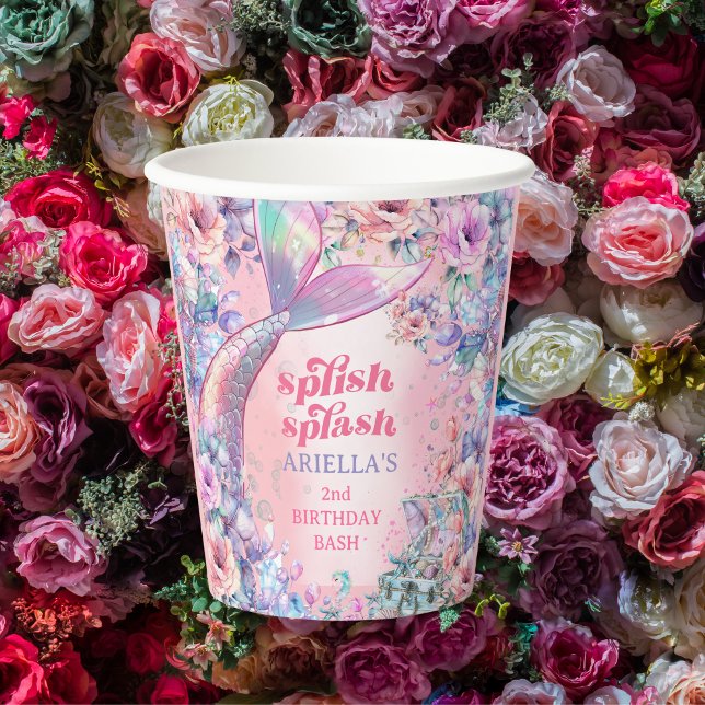 Gobelets En Papier Queue de sirène pailletée de fleurs pour 2e annive (Créateur téléchargé)