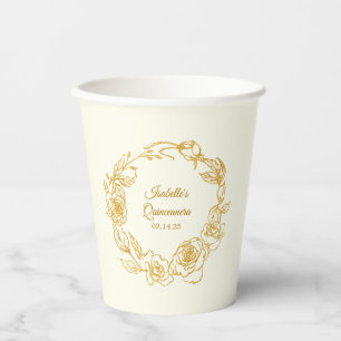 Gobelets En Papier Quinceanera Party Luxe Gold Rose Blanc