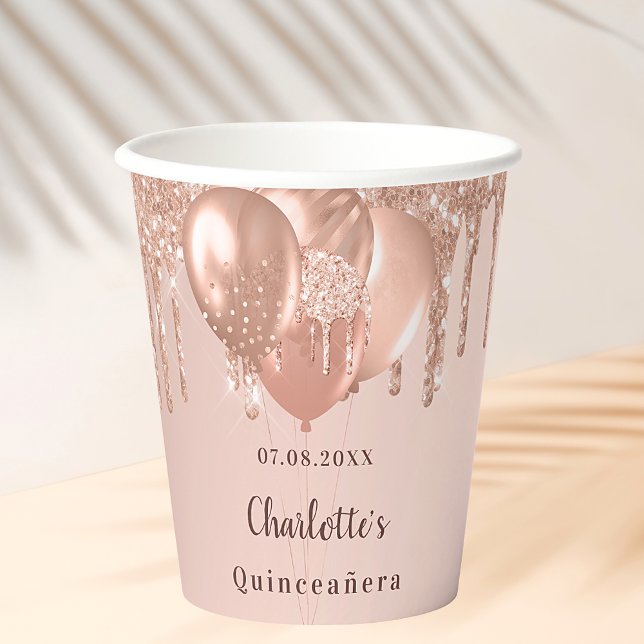Gobelets En Papier Quinceanera rose gold glitter balloons (Créateur téléchargé)