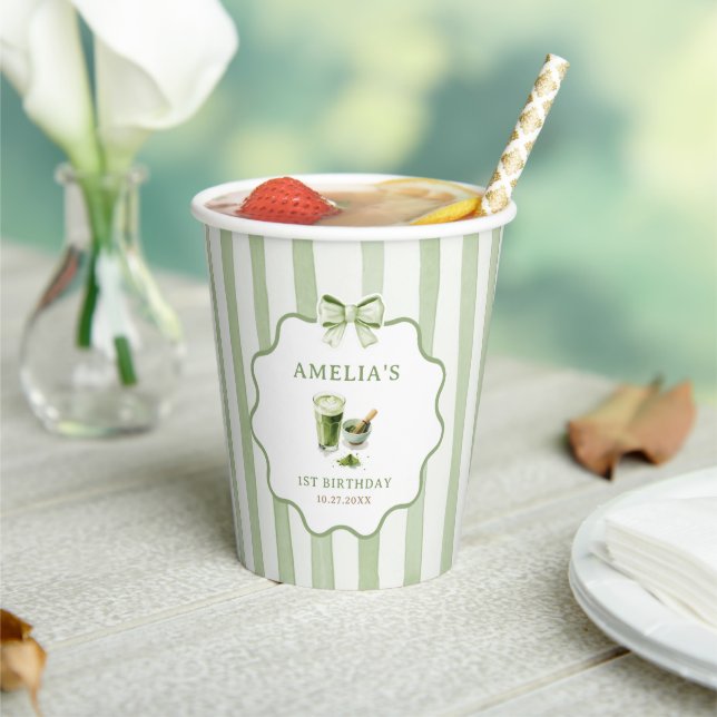 Gobelets En Papier Rayures de ruban vert Anniversaire Matcha (Insitu)