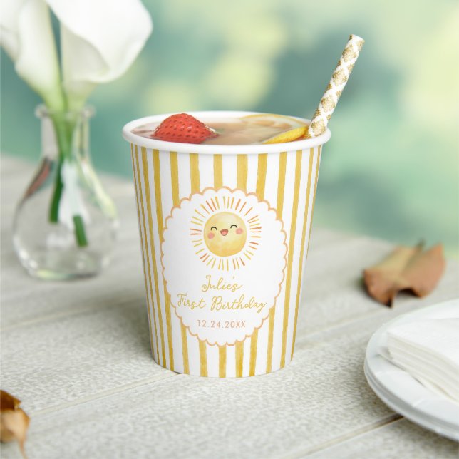 Gobelets En Papier Rayures Jaune Soleil Anniversaire (Insitu)