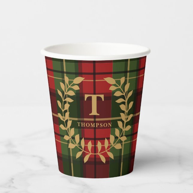 Gobelets En Papier Red And Green Plaid With Laurel Wreath Monogram (Recto)