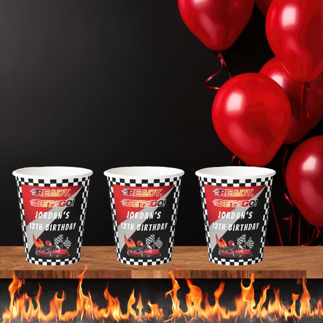 Gobelets En Papier Red | Black Go Kart Racing Anniversaire (Red and Black Go Kart Racing Kid's Birthday Party "Ready, Set, Go!" Paper Cups)