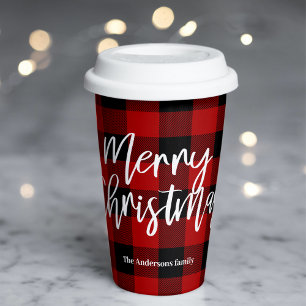 Gobelets En Papier Red Buffalo Plaid & Joyeux Noël Nom personnel